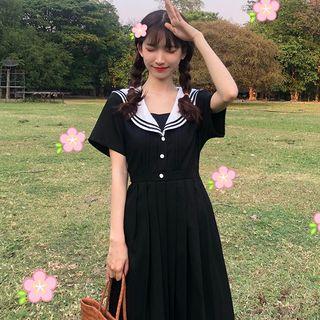 Short-sleeve Collared A-line Midi Dress As Shown In Figure - One Size