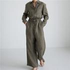 Long-sleeve Collared Wide-leg Jumpsuit