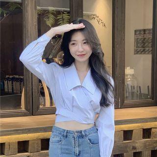 Two Tone Striped Drawstring Cropped Shirt