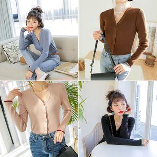 Piped Slim-fit Rib-knit Cardigan