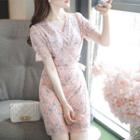 Short-sleeve Floral Print Mini Chiffon Dress