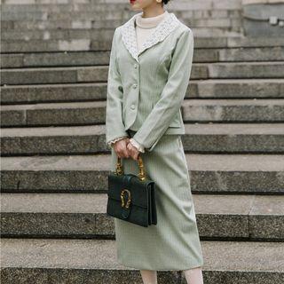 Set: Lace Panel Plaid Blazer + Midi Straight-fit Skirt