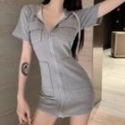 Short-sleeve Zip Mini Sheath Hoodie Dress Gray - One Size