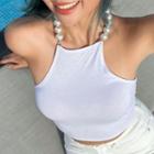Faux Pearl Cropped Halter Top