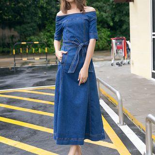 Tie-waist Off-shoulder Elbow-sleeve Denim A-line Dress