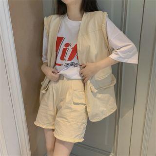 Lettering Elbow-sleeve T-shirt / Open Front Vest / High-waist Shorts