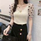Puff-sleeve Dots Lace Up Top