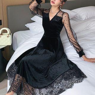 Long-sleeve Lace Mesh Midi A-line Dress