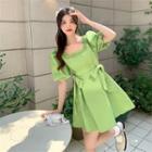 Square-neck Plain Bow Ruffle A-line Dress