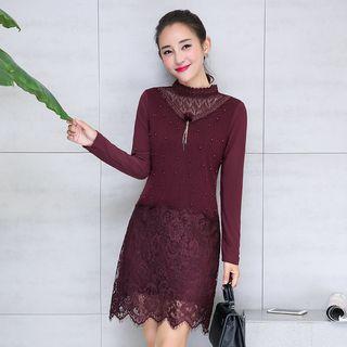 Long-sleeve Paneled Beaded Dress