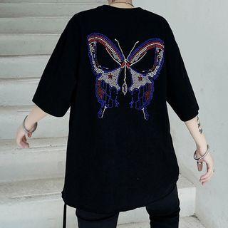 Rhinestone Butterfly Distressed Short-sleeve T-shirt
