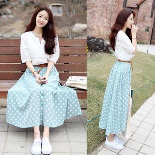 Set: Short Sleeve V-neck Top + Dot Printed Maxi Skirt