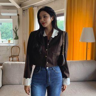 Contrast-trim Scallop-edge Cropped Cardigan
