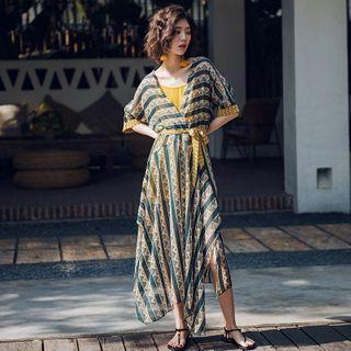Set: Patterned Elbow-sleeve Midi A-line Dress + Slipdress