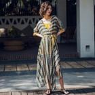 Set: Patterned Elbow-sleeve Midi A-line Dress + Slipdress