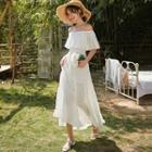 Off-shoulder Plain Maxi Smocked Dress