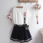 Fish Embroidered Short-sleeve T-shirt / Pleated Skirt / Set