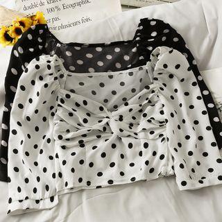 Boatneck Polka-dot Ruched Crop Top