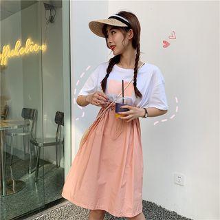 Mock Two-piece Drawstring Short-sleeve T-shirt Dress