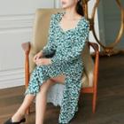 Long-sleeve Slit Floral Print A-line Midi Dress