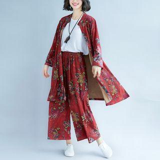 Set: Floral Print Buttoned Long Coat + Pants