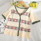 Short-sleeve Flower Print Knit Top Almond - One Size