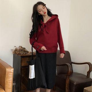 Tie Neck Hoodie / Back Slit Knitted Skirt
