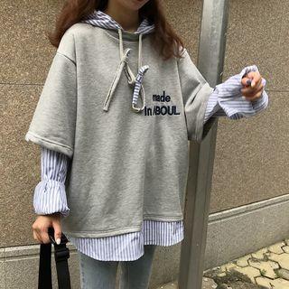 Mock Two-piece Striped Panel Hoodie Gray - One Size