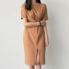 Elbow-sleeve Slit-front Tie-waist Midi Dress