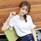 Seahorse Embroidered V-neck Short-sleeve Blouse