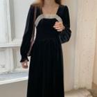 Ruffle Trim Velvet Midi A-line Dress Black - One Size