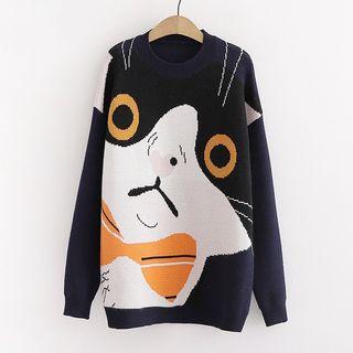 Cat Print Crew-neck Sweater