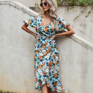 Cap Sleeve Flower Print A-line Dress