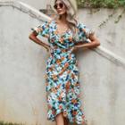 Cap Sleeve Flower Print A-line Dress