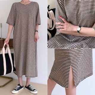 V-neck Raglan Stripe Maxi Dress