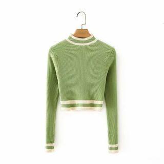 Long-sleeve Contrast Trim Knit Top Green - One Size
