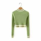 Long-sleeve Contrast Trim Knit Top Green - One Size