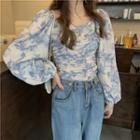 Puff-sleeve Smocked Floral Chiffon Blouse