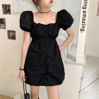 Puff-sleeve Square Neck Drawstring Dress