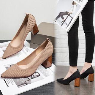 Pointed Knit Block-heel Pumps