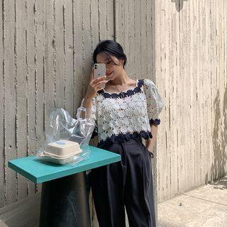 Puff-sleeve Crop Crochet Blouse