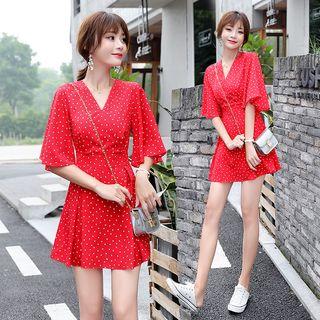 Dotted V-neck Mini A-line Dress