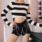 Long-sleeve Striped Cutout Shoulder Cropped Top Stripes - Black & White - One Size