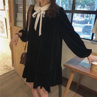 Contrast Collar Ruffled Hem Velvet Dress Black - One Size