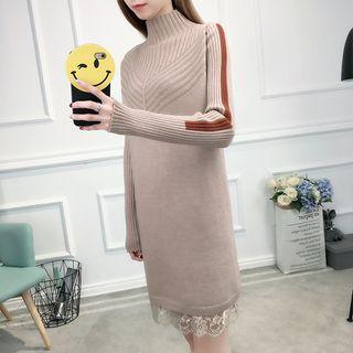 Lace Hem Mock Neck Knit Shift Dress