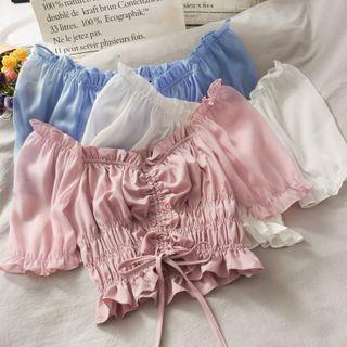 Boatneck Ruffled-trim Drawstring Crop Top