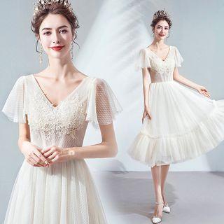 Short-sleeve Embellished Mesh Midi Prom Dress