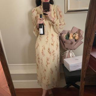 Long-sleeve Floral Chiffon Dress Beige - One Size