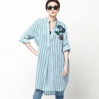 Mandarin-collar Flower-appliqu  Stripe Shirtdress