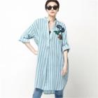 Mandarin-collar Flower-appliqu  Stripe Shirtdress